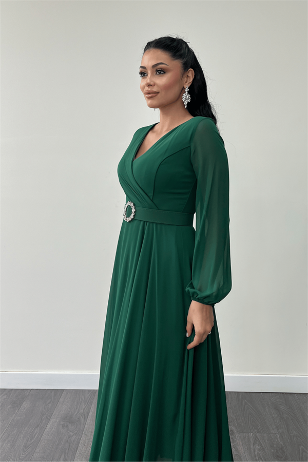 Şifon Kumaş Kemer Detaylı Midi Elbise - ZÜMRÜT YEŞİL