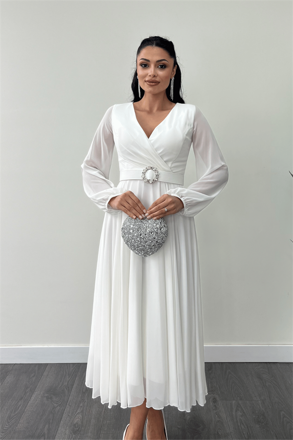 Şifon Kumaş Kemer Detaylı Midi Elbise - BEYAZ