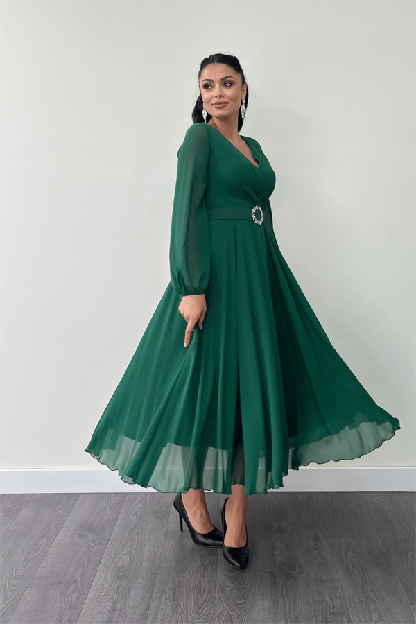 Şifon Kumaş Kemer Detaylı Midi Elbise - ZÜMRÜT YEŞİL