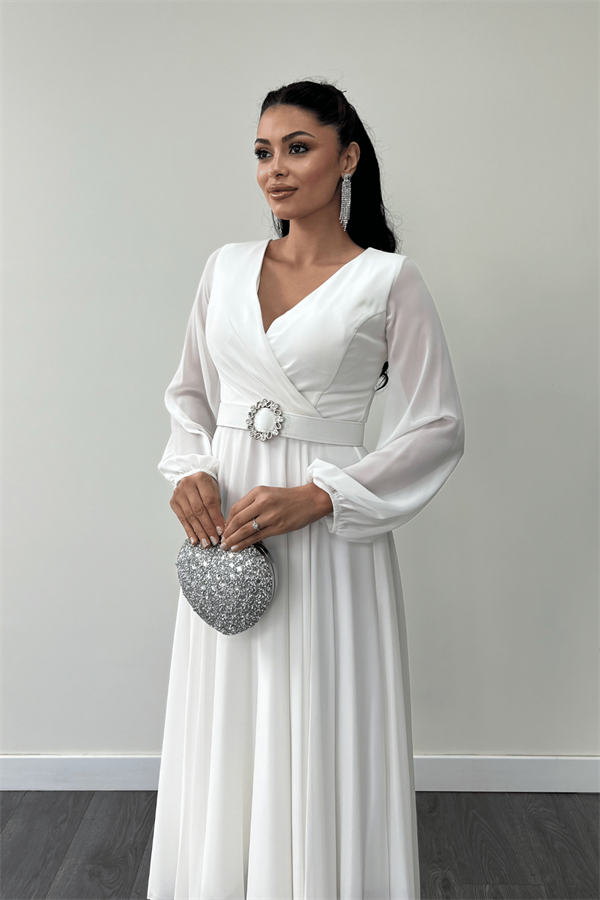 Şifon Kumaş Kemer Detaylı Midi Elbise - BEYAZ