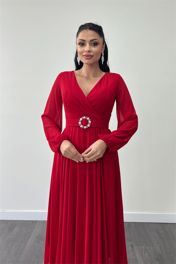 Şifon Kumaş Kemer Detaylı Midi Elbise - KIRMIZI