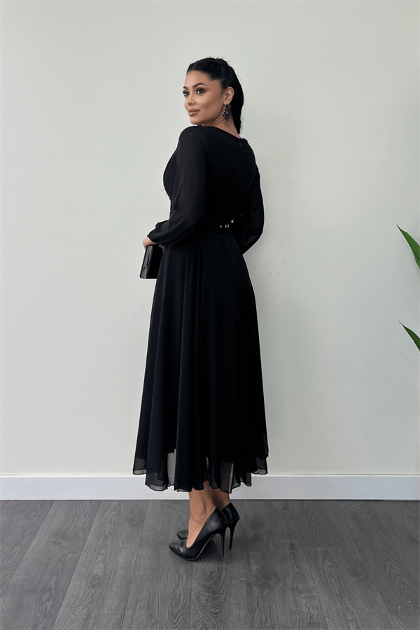 Şifon Kumaş Kemer Detaylı Midi Elbise - SİYAH