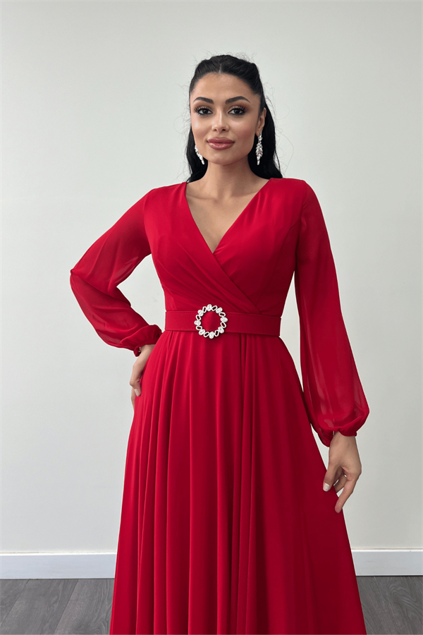 Şifon Kumaş Kemer Detaylı Midi Elbise - KIRMIZI