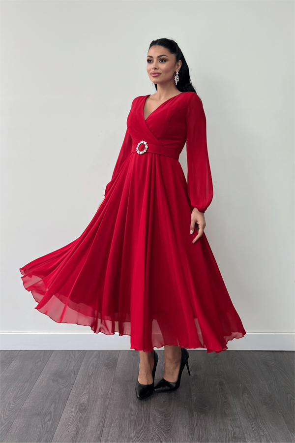 Şifon Kumaş Kemer Detaylı Midi Elbise - KIRMIZI