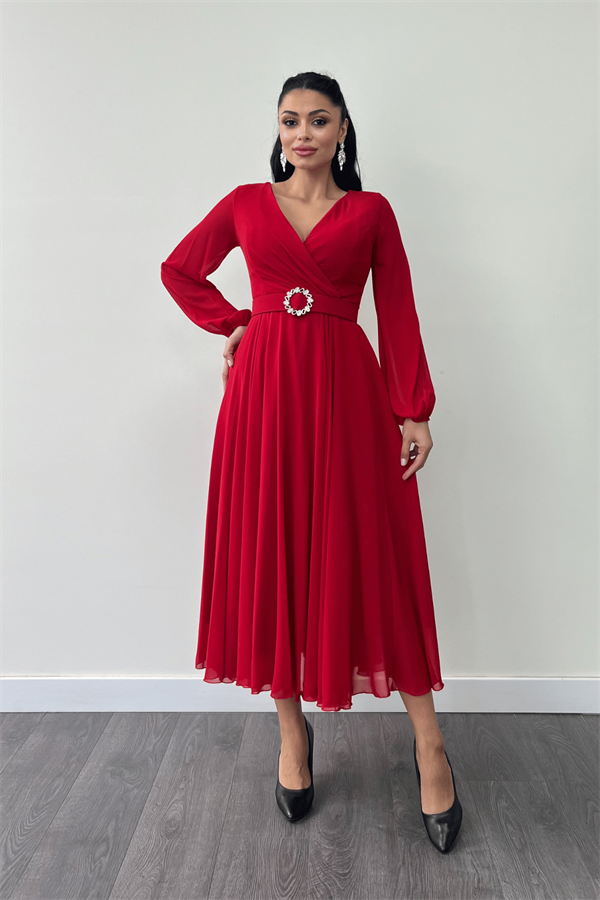 Şifon Kumaş Kemer Detaylı Midi Elbise - KIRMIZI