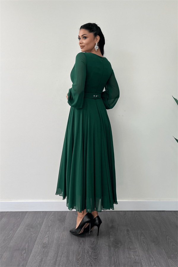 Şifon Kumaş Kemer Detaylı Midi Elbise - ZÜMRÜT YEŞİL