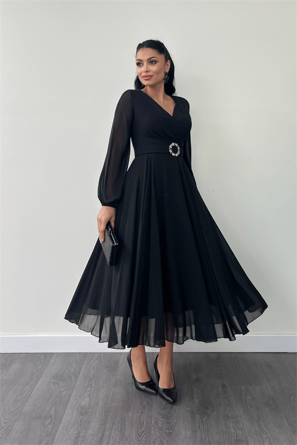 Şifon Kumaş Kemer Detaylı Midi Elbise - SİYAH