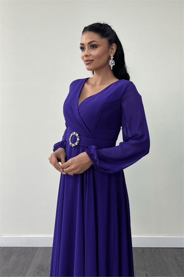 Şifon Kumaş Kemer Detaylı Midi Elbise - MOR