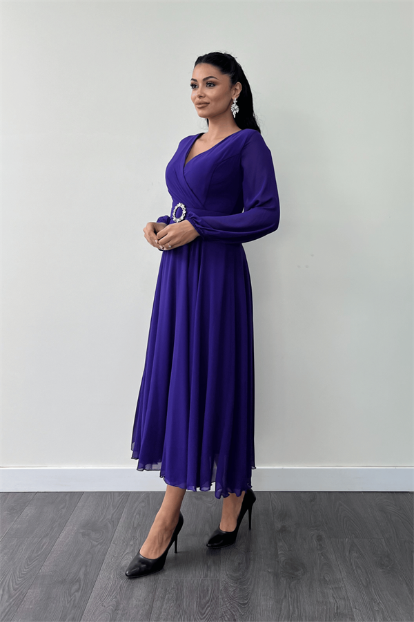 Şifon Kumaş Kemer Detaylı Midi Elbise - MOR