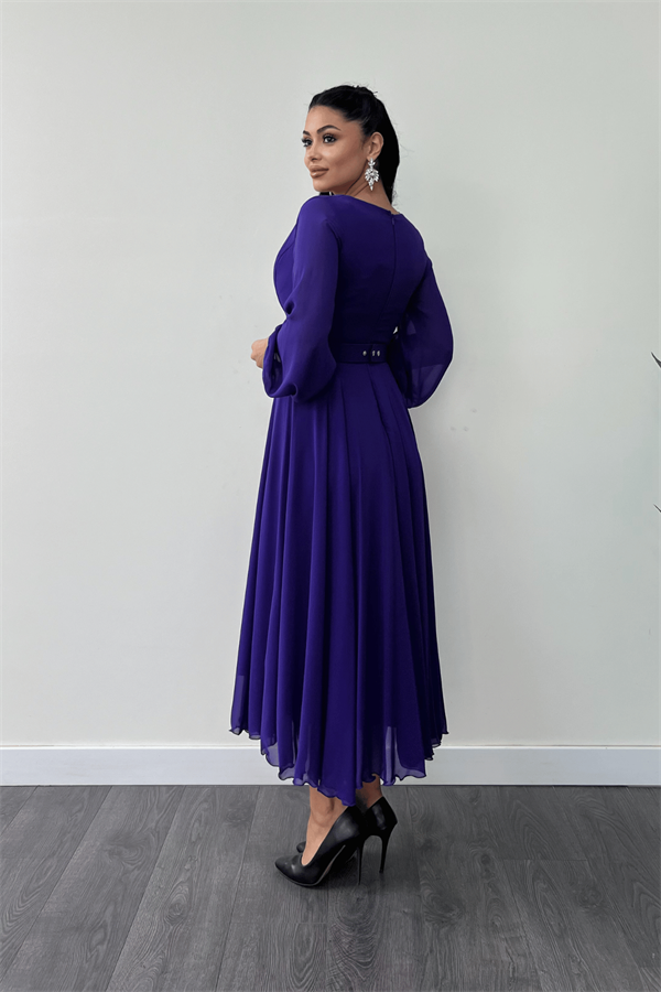 Şifon Kumaş Kemer Detaylı Midi Elbise - MOR