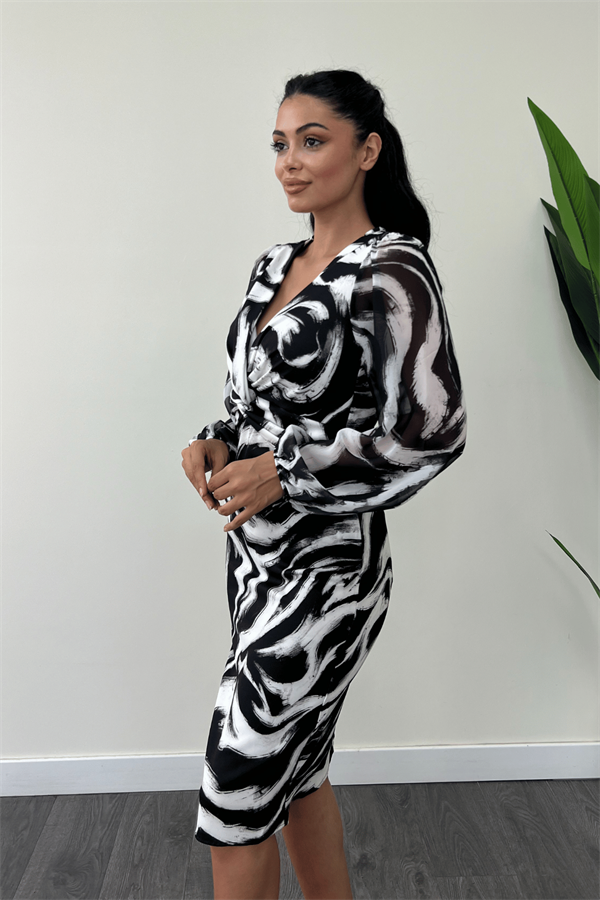 Şifon Kumaş Kolları Lastikli Kalem Elbise - SİYAH