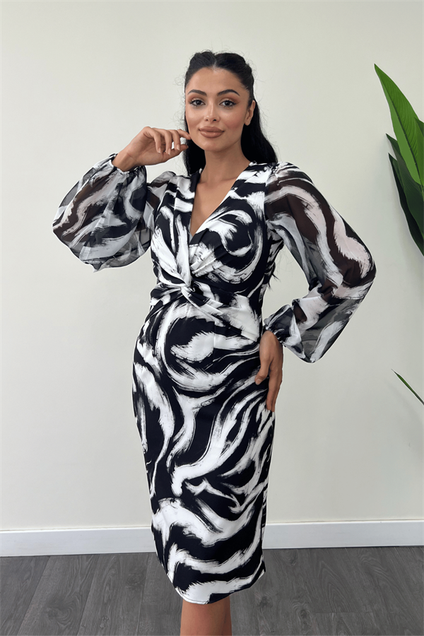 Şifon Kumaş Kolları Lastikli Kalem Elbise - SİYAH