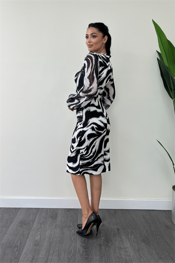 Şifon Kumaş Kolları Lastikli Kalem Elbise - SİYAH