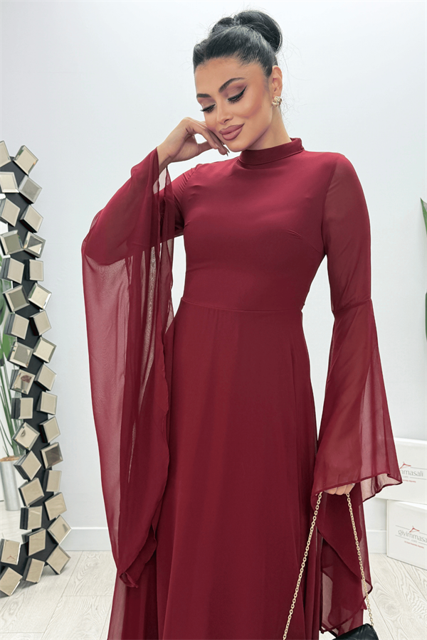 Şifon Kumaş Kolu Volan Detaylı Elbise - BORDO
