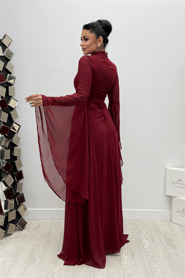 Şifon Kumaş Kolu Volan Detaylı Elbise - BORDO