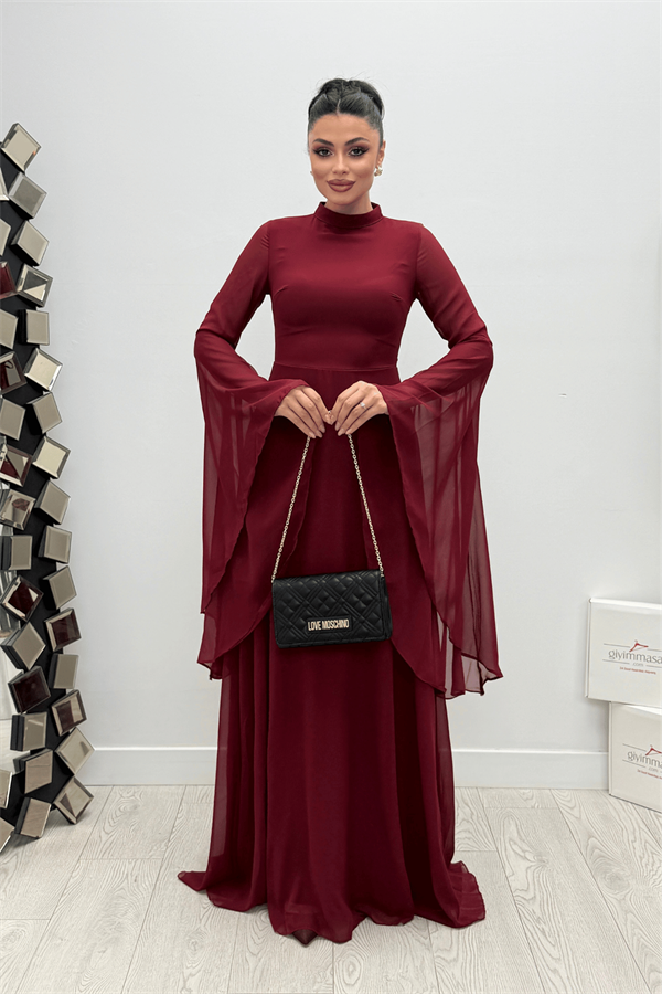 Şifon Kumaş Kolu Volan Detaylı Elbise - BORDO