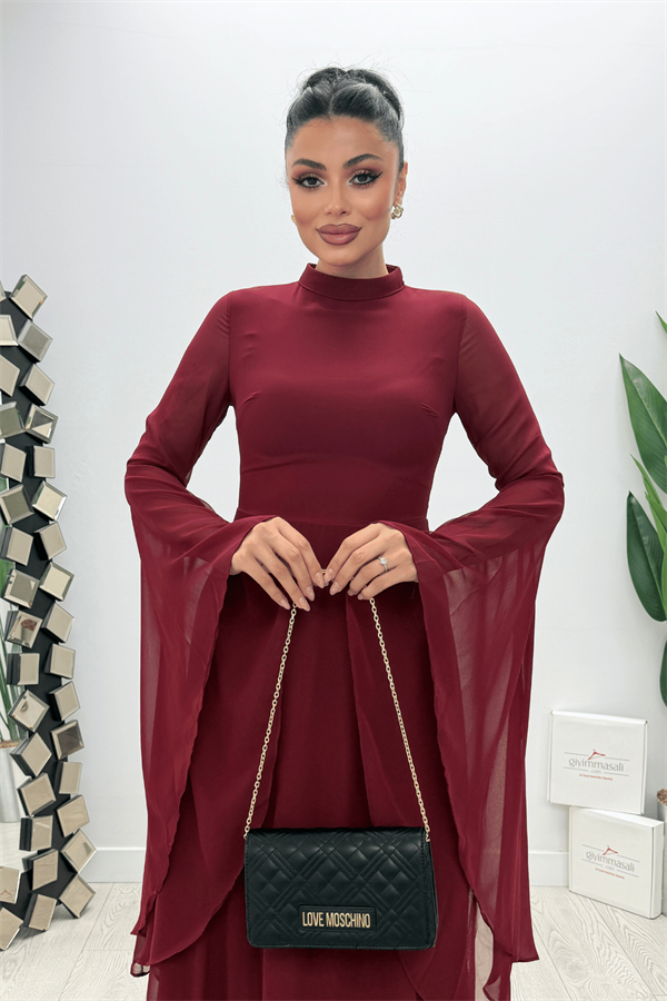 Şifon Kumaş Kolu Volan Detaylı Elbise - BORDO