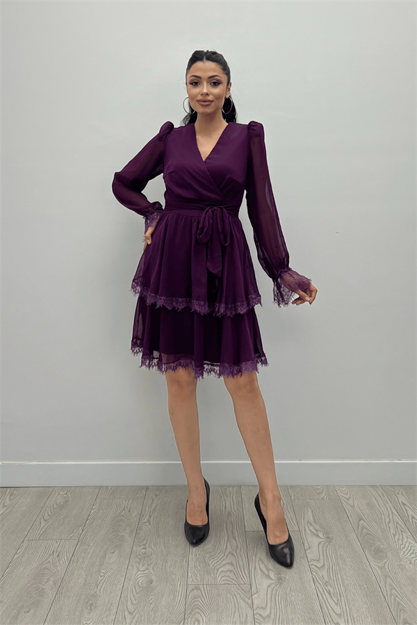 Sifon Kumaş Kruvaze Yaka Mini Elbise - PATLICAN MOR