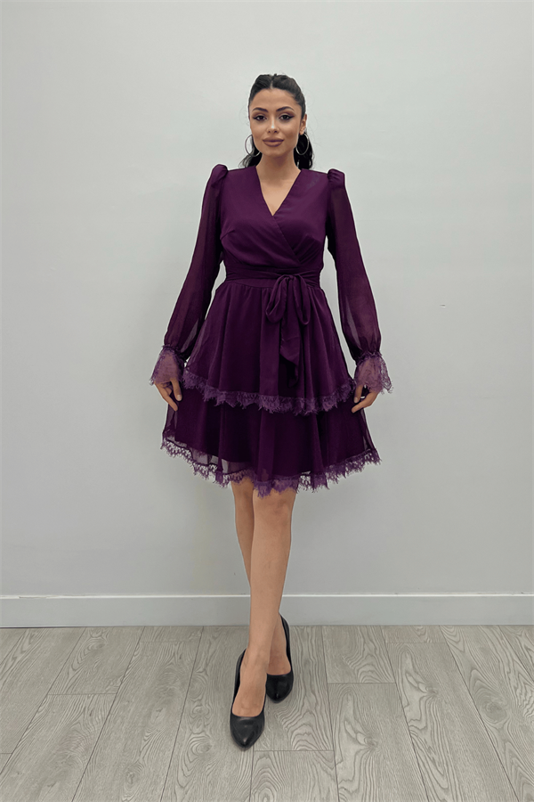 Sifon Kumaş Kruvaze Yaka Mini Elbise - PATLICAN MOR