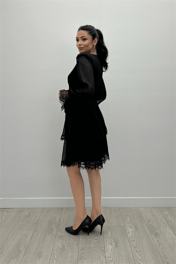 Sifon Kumaş Kruvaze Yaka Mini Elbise - SİYAH