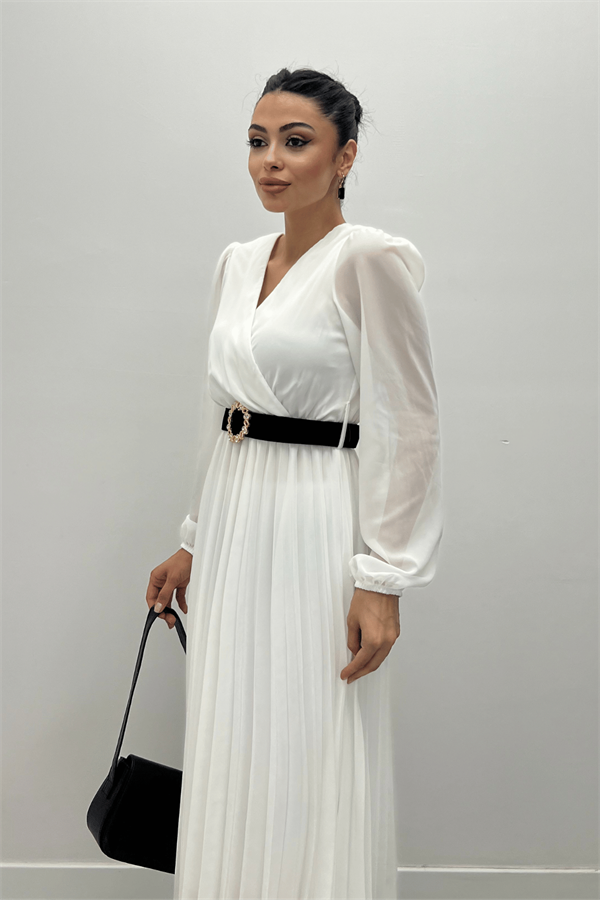 Şifon Kumaş Kruvaze Yaka Pliseli Elbise - BEYAZ