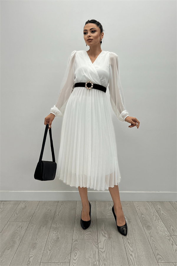 Şifon Kumaş Kruvaze Yaka Pliseli Elbise - BEYAZ