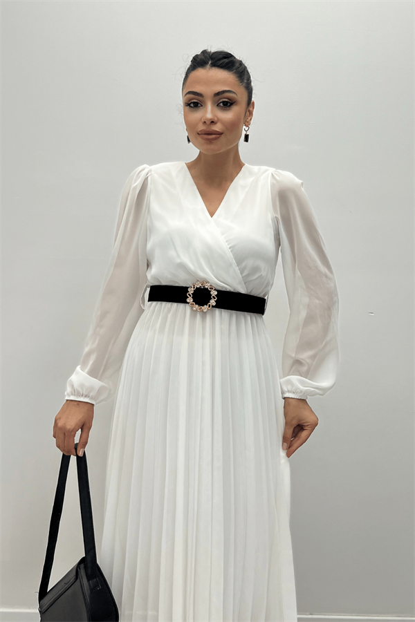 Şifon Kumaş Kruvaze Yaka Pliseli Elbise - BEYAZ