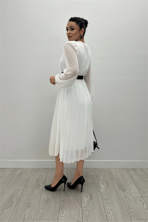 Şifon Kumaş Kruvaze Yaka Pliseli Elbise - BEYAZ