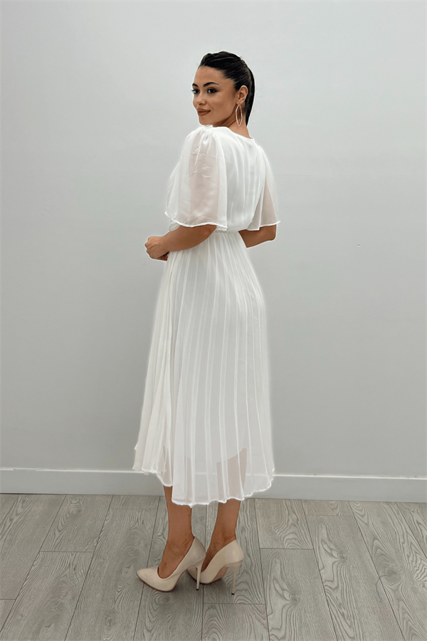 Şifon Kumaş Kruvaze Yaka Pliseli Midi Elbise - BEYAZ