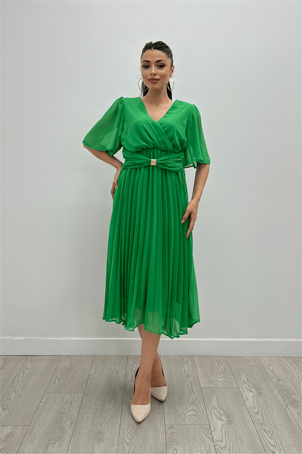 Şifon Kumaş Kruvaze Yaka Pliseli Midi Elbise - YEŞİL