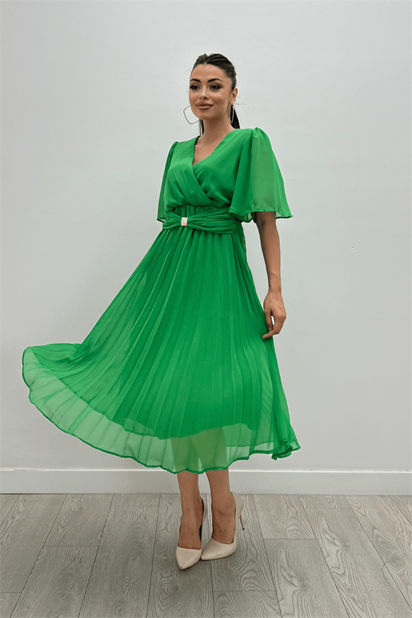 Şifon Kumaş Kruvaze Yaka Pliseli Midi Elbise - YEŞİL
