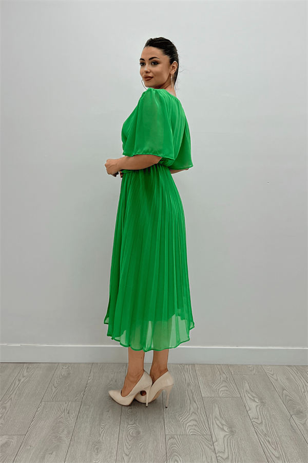 Şifon Kumaş Kruvaze Yaka Pliseli Midi Elbise - YEŞİL