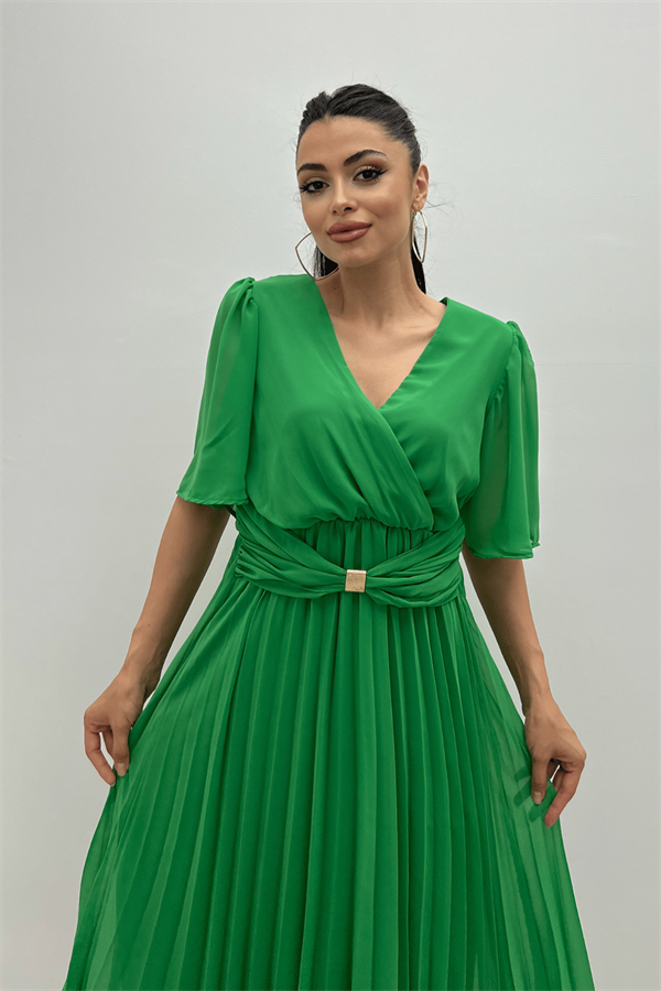 Şifon Kumaş Kruvaze Yaka Pliseli Midi Elbise - YEŞİL