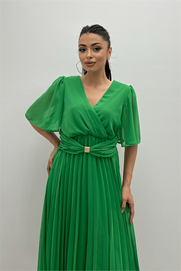 Şifon Kumaş Kruvaze Yaka Pliseli Midi Elbise - YEŞİL