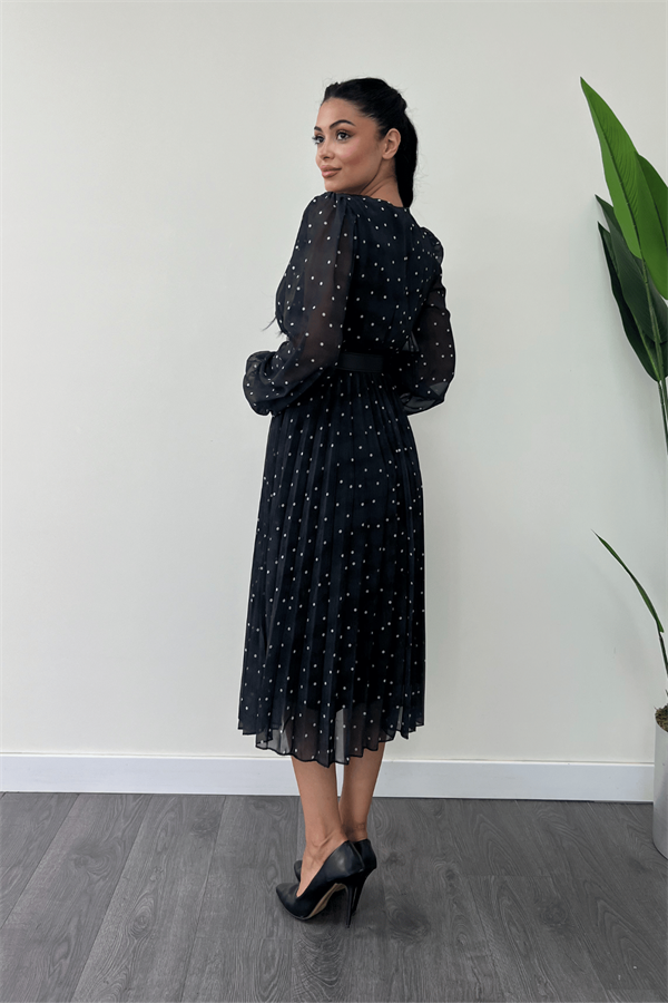 Şifon Kumaş Kruvaze Yaka Puantiye Detaylı Elbise - SİYAH