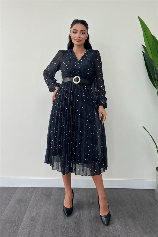 Şifon Kumaş Kruvaze Yaka Puantiye Detaylı Elbise - SİYAH