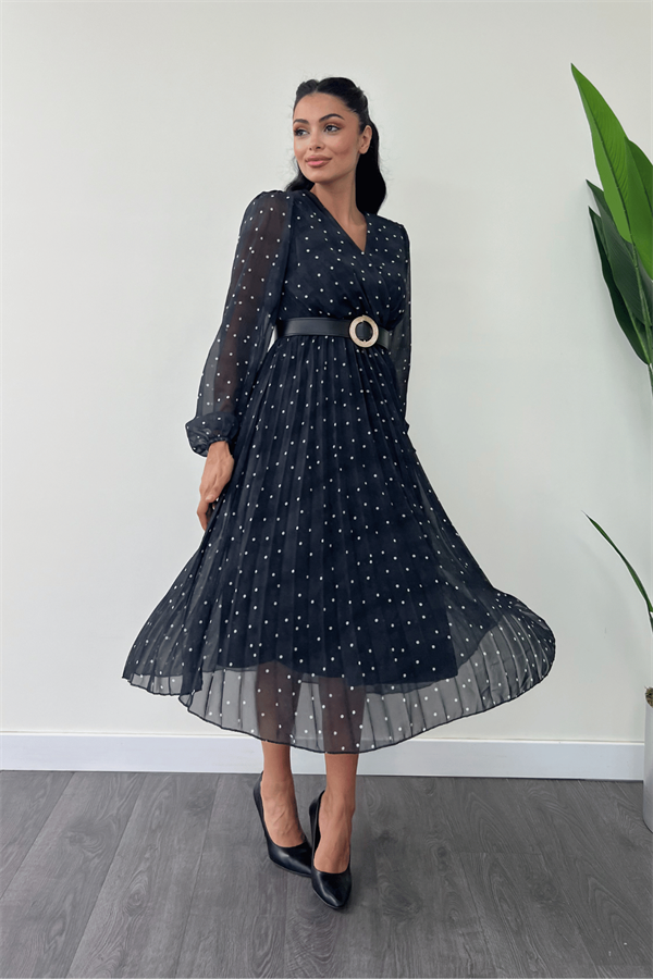 Şifon Kumaş Kruvaze Yaka Puantiye Detaylı Elbise - SİYAH