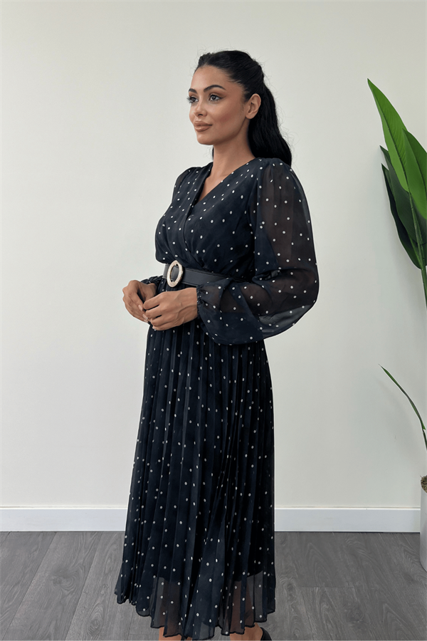 Şifon Kumaş Kruvaze Yaka Puantiye Detaylı Elbise - SİYAH