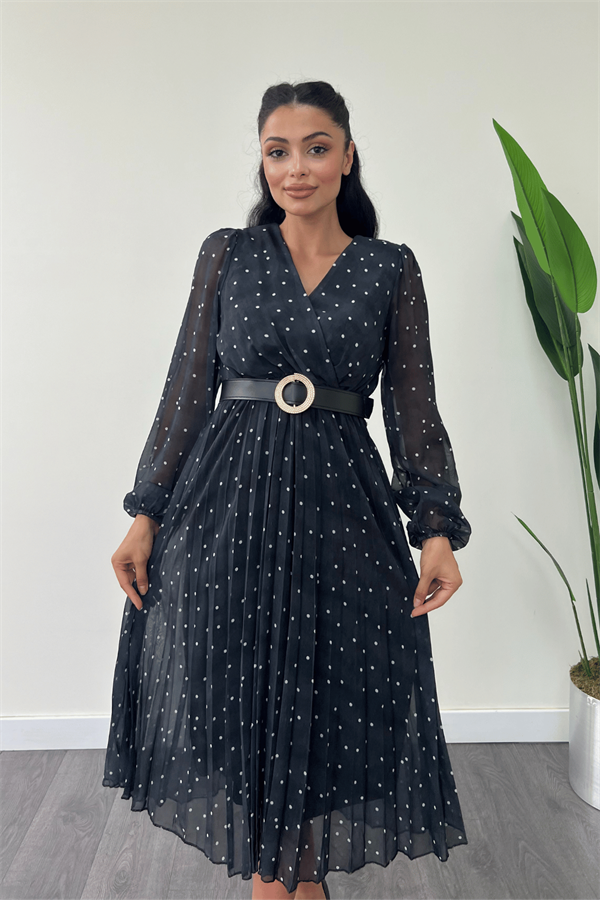 Şifon Kumaş Kruvaze Yaka Puantiye Detaylı Elbise - SİYAH