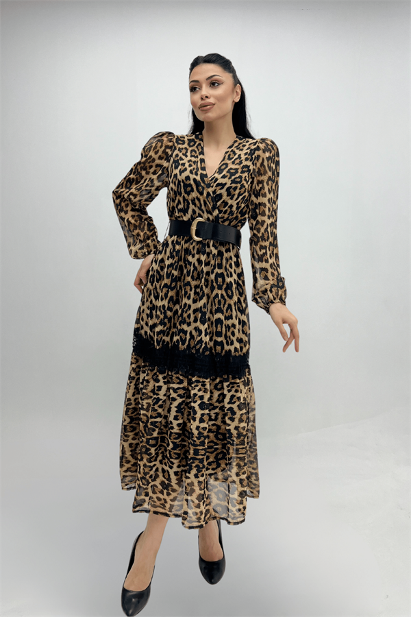 Şifon Kumaş Leopar Desenli Midi Elbise - LEOPAR
