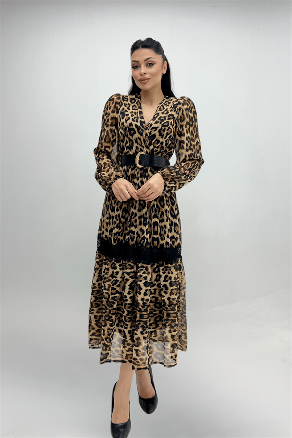 Şifon Kumaş Leopar Desenli Midi Elbise - LEOPAR