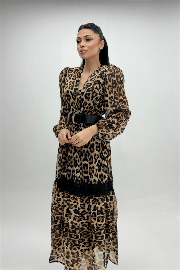 Şifon Kumaş Leopar Desenli Midi Elbise - LEOPAR