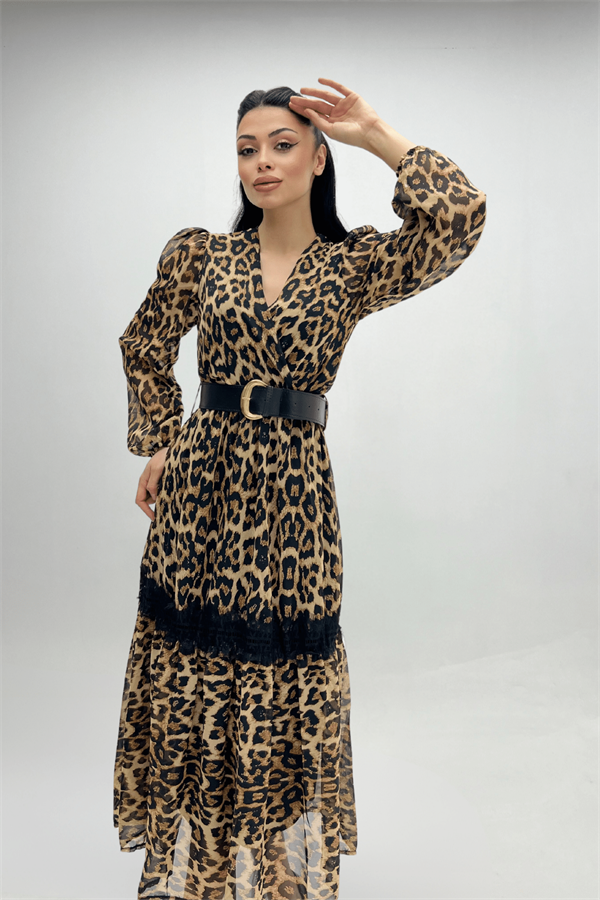 Şifon Kumaş Leopar Desenli Midi Elbise - LEOPAR