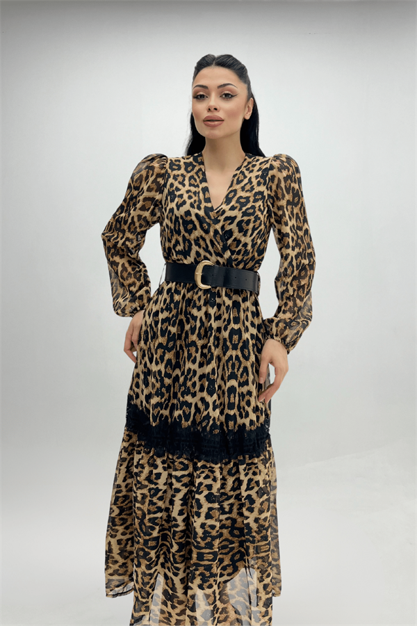 Şifon Kumaş Leopar Desenli Midi Elbise - LEOPAR