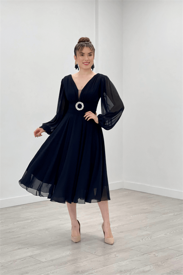 Chiffon Fabric Midi Length Dress - BLACK