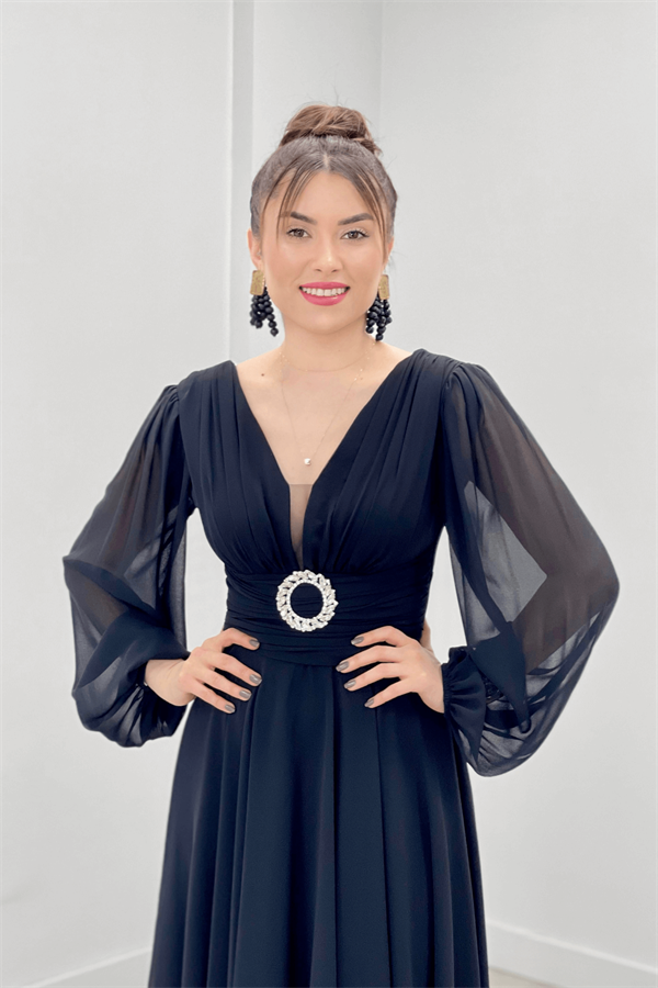 Chiffon Fabric Midi Length Dress - BLACK