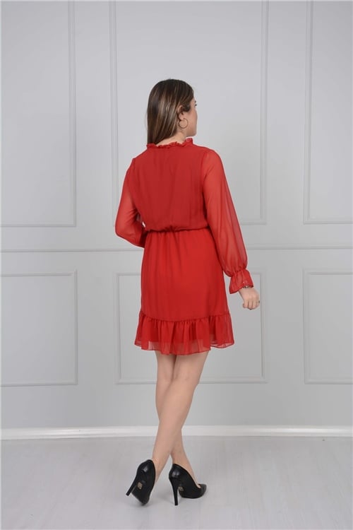 Şifon Kumaş Mini Elbise - Kırmızı