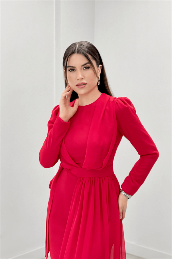 Şifon Kumaş Pelerin Detaylı Abiye Elbise - KIRMIZI