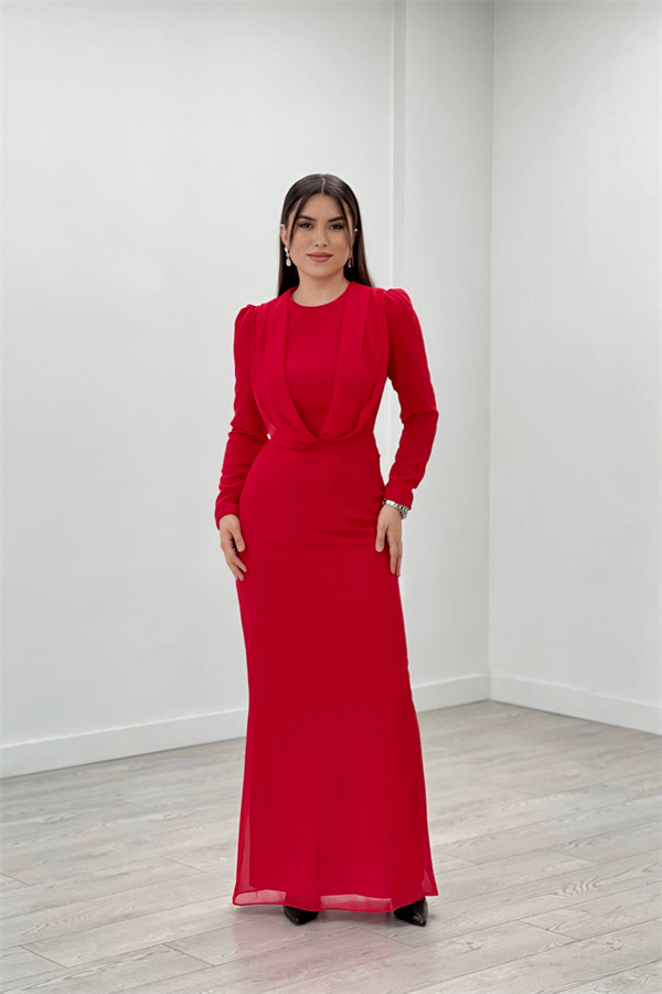 Şifon Kumaş Pelerin Detaylı Abiye Elbise - KIRMIZI