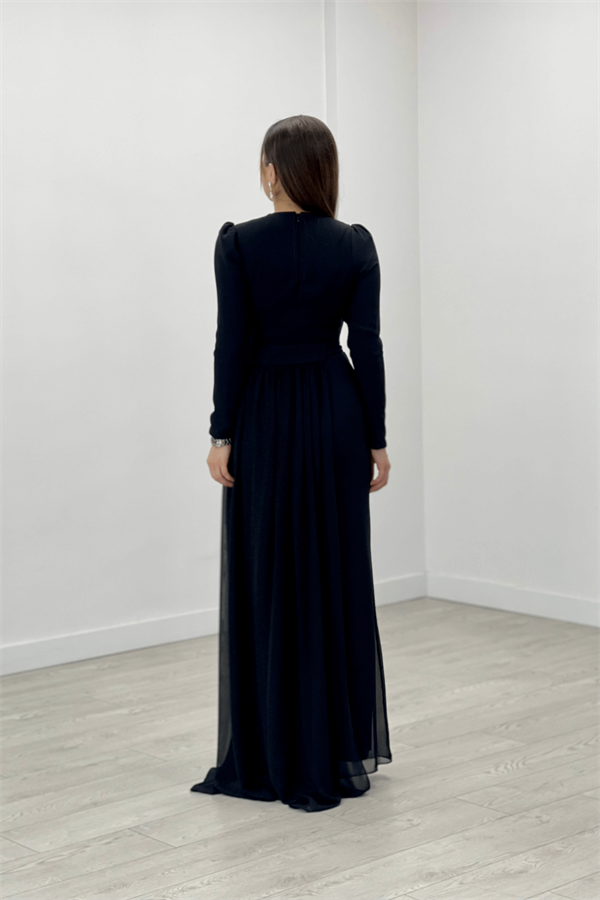 Şifon Kumaş Pelerin Detaylı Abiye Elbise - SİYAH